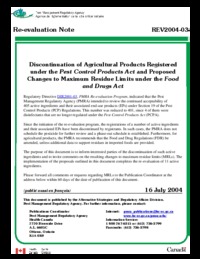 Discontinuation of agricultural products registered under the Pest Control Products Act and proposed changes to maximum residue limits under the Food and Drugs Act